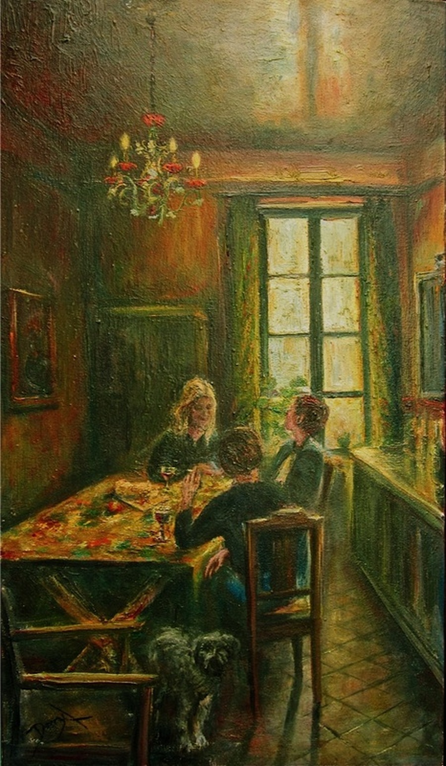 French Provencal kitchen painting : 'Amanda's Kitchen' Oils on canvas. An interior of 18th century kitchen. The walls are a dark red with green bench and food larder. It is a small room, enough for food preparation and aspace for a country style table with provencal style table cloth. Sitting around the table are three young women in conversation sharing wine and bread. There is a small dog watching the artist (myself as I made some quick sketches). There is a soft light through the window giving a golden glow to the painting. An ornate old chandelier hangs from the ceiling.