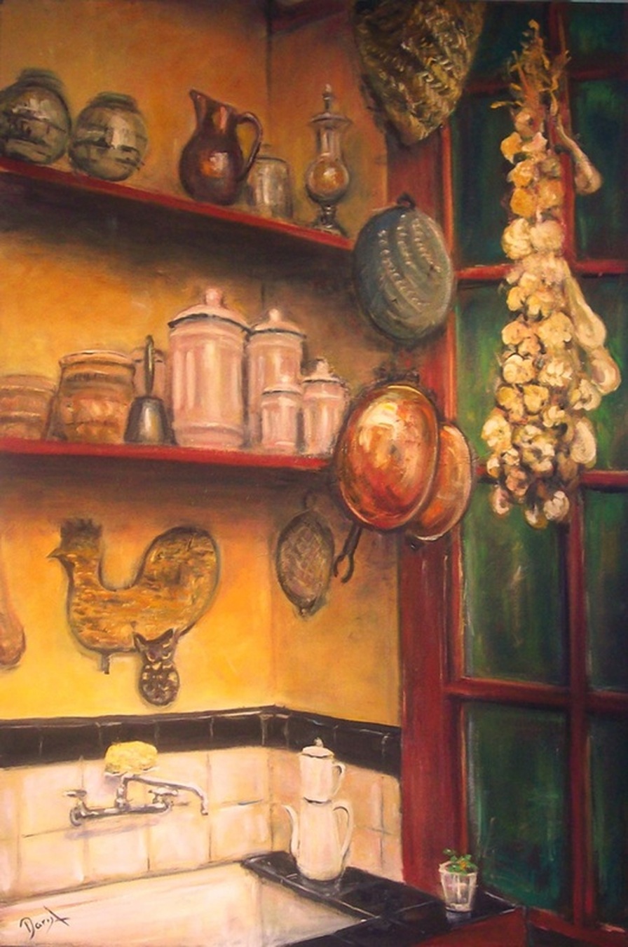 Old style 1940's 'Orleans' kitchen with old tiled area, enamelware pots , hanging onions and garlic