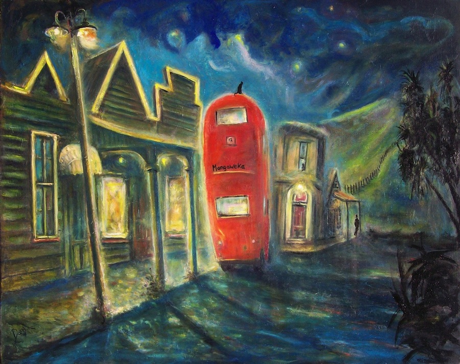 Art painting, New Zealand, Mangaweka. 'Mangaweka and the Red Bus' Art on Linen. 